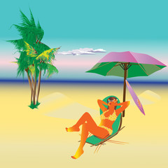 Vector illustration of a girl sunbathing on the beach.