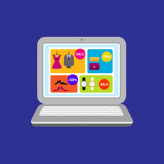 Icon for mobile marketing and online shopping. Internet shopping icon. Open laptop with special offer sign. Isolated on a dark background.