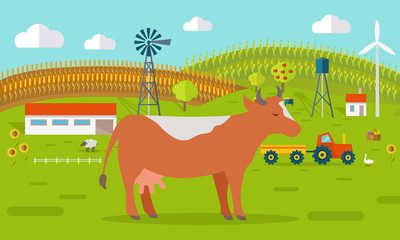 Cow on Farmyard Concept Illustration. 