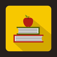 Books with apple icon in flat style on a yellow background