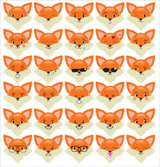 Set of funny fox emoticons - smiling red foxes with different emotions from happiness to angry isolated on white background. Can be used for logos, icons, signs, avatars, web decor, other design