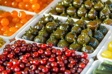 fruit cooked in sugar syrup in stores