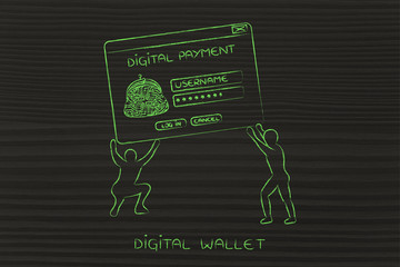 men lifting pop-up with digital wallet, setup a virtual payment