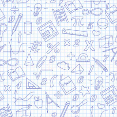 Seamless background with simple icons on the theme of mathematics and learning , dark blue outline on a light background in a cage