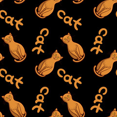 Cute flat cats vector seamless pattern on black with animals and inscription.