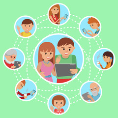 Social media communications. Man woman couple calling with tablet to their children parents grandparents and friends.