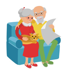 Happy senior man woman family sitting on the sofa and rest. Vector illustration isolated white background.