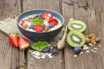 healthy breakfast - muesli with fruit and yogurt