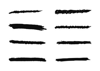 Pen strokes, brush strokes. A set of eight isolated elements for design. Grunge.