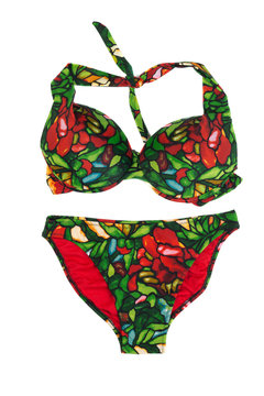 Green with red swimsuit with a pattern.