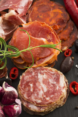 a pile of different spanish embutido, jamon, chorizo and lomo em