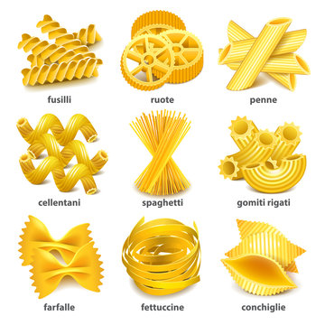 Pasta types icons vector set