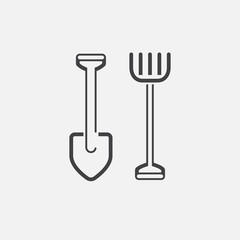 Shovel and rake line icon, outline vector logo illustration, linear pictogram isolated on white