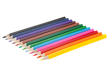 Many colorful pencil like a rainbow on diagonal line, isolated white.