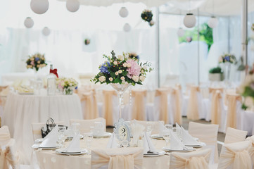 Stylish table set for wedding dinner