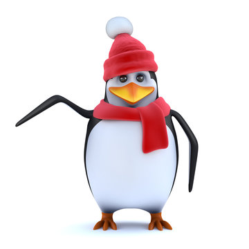 3d Winter penguin points to something of interest