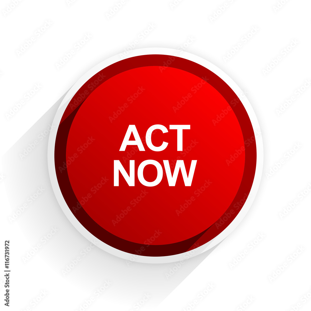 Aufkleber act now flat icon with shadow on white background, red modern design web element