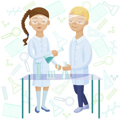 Kids at chemistry lab. Children studying chemistry. Pupils takin