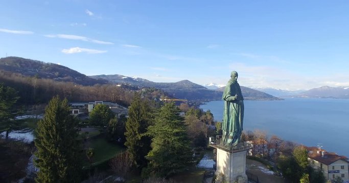 Aerial: Statue of San Carlo Borromeo in Aarona, Italy