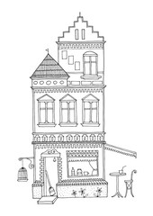Lovely tall house with a cafe bar at the ground floor. Ornamented building illustration drawn by hand. Suitable for print, fill in coloring, relaxing, stress relieving activity.