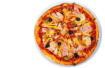 Hawaiian pizza with pineapple, ham, chicken, cheese, olives and vegetables isolated on white background