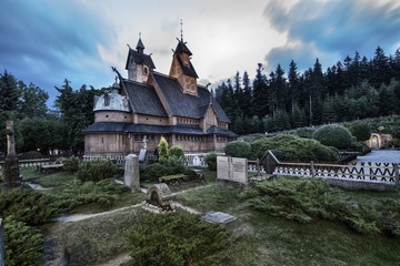 Fototapeta na wymiar Historic wooden temple Wang in Karpacz in Poland.