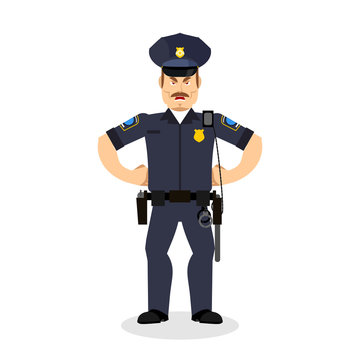 Angry policeman. wrathful Cop. Aggressive officer police