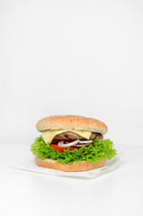 Burger on a white parchment on a white background