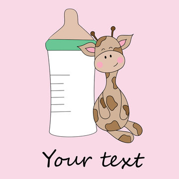 Cute giraffe toy with a bottle place for text background vector