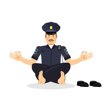 Policeman meditating. Cop yoga. Police officer relaxes. Status o