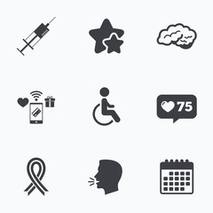Medicine icons. Syringe, disabled, brain.