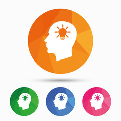 Head with lamp bulb sign icon. Male human head.