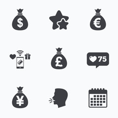 Money bag icons. Dollar, Euro, Pound and Yen.