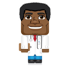 front Papertoy, African descent man lab coat, doctor or pharmacist with clipboard, stethoscope