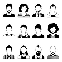 Set of black and white silhouettes of avatar men on a white background, vector illustration