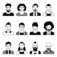 Set of black and white silhouettes of avatar men on a white background, vector illustration