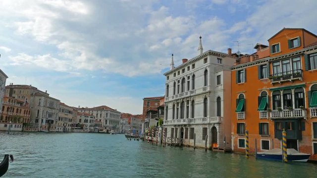 VENICE, ITALY-CIRCA JULY 2015- 4K POV of Grand Chanal tour in Venice Italy. Gondola parked on side of chanel.
