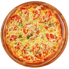 Pizza with spicy chicken and tomatoes