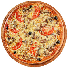 Pizza with minced meat and mushrooms