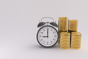 3D rendering of an alarm clock and golden coins