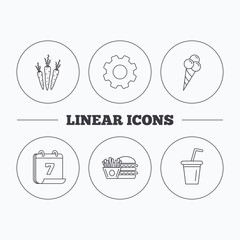 Hamburger, carrot and soft drink icons.