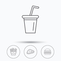 Hamburger, meat and soft drink icons.