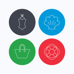 Ladies handbag, shell and swimsuit icons.