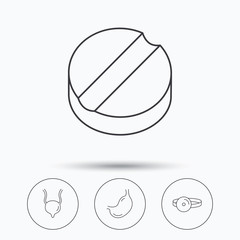 Medical mirror, tablet and stomach organ icons.