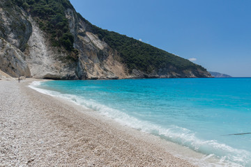 Blue water of beautiful Myrtos beach, Kefalonia, Ionian islands, Greece