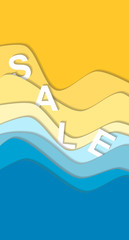 Yellow and blue curve wave line background, sea and beach in paper cut style. Sale word. Cropped with Clipping Mask