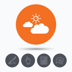Cloud with sun icon. Sunny weather sign.