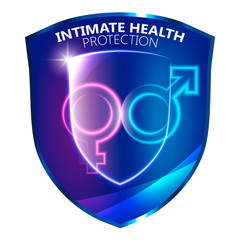 Intimate health protection symbol. Neon male and female signs over the blue shield. Vector illustration