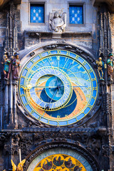Astronomical Clock Orloj closeup in Czech Republic, Europe. Vintage style. Prague clock tower detail. Famous attraction residents of Praga