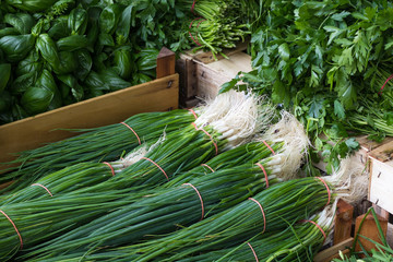 food market - bundle of spring onions, basilica and parsley